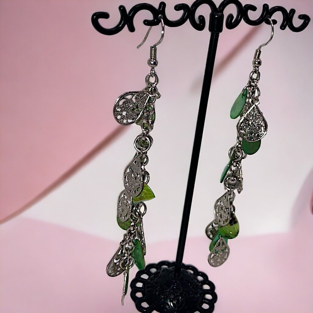 Mother of Pearl & Silver-Tone Filigree Teardrops Long Dangle 3.5 Inch Earrings!